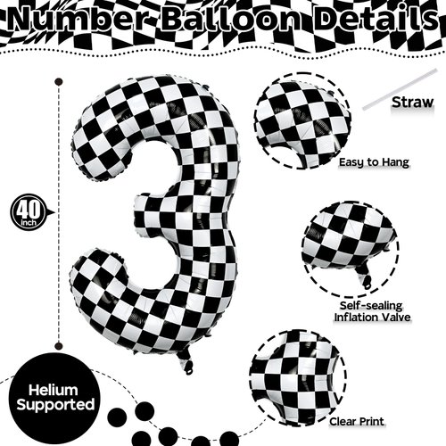 3rd Birthday Number Balloons for Boys, 40 Inch Checkered Racing Foil 3 Balloons, Self Inflating Helium Black and White Big Number 3 Balloon for Kids Birthday Race Car Flag Party Decoration Supplies