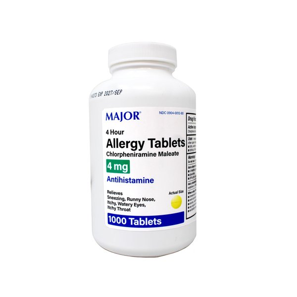 Major Allergy Tablets, Chlorpheniramine Maleate 4 mg , Antihistamine 4 Hour, 1000 Tablets