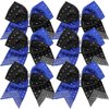 8 Inch 2 Colors Cheerleader Bows Ponytail Holder with Bling Fling Rhinestones Hair Tie Cheerleading Bows 6 Pcs (Royal Blue/Black)