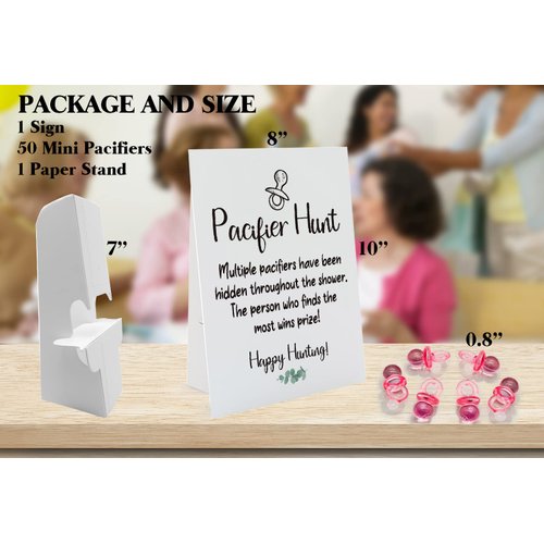 Baby Pacifier Hunt Baby Shower Games, Gender Reveal Game, 8×10 Sign and 50 Mini Acrylic Pacifier, Favorite Adults Kids Games for Baby Shower Activities, Gender Neutral Boy and Girl BPH01