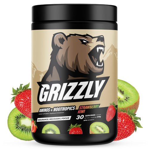 Grizzly Aminos + Nootropics EAA BCAA & Electrolyte Energy Drink Mix - Amino Acids Endurance Muscle Recovery & Focus Pre Workout Powder for Men & Women Strawberry Kiwi - 30 Servings