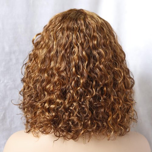 IMAYLI Short Curly Bob Wigs with Bangs for Black Women Human Hair 12 inch Short Black Wigs 180% Density Water Wave Brazilian hair wigs Glueless None Lace Front Wig Natural Color P4/30