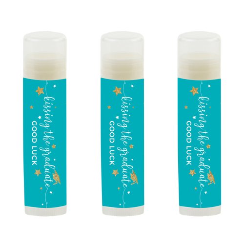 Andaz Press Aqua Turquoise and Gold Glittering Graduation Party Collection, Lip Balm Favors Kissing the Graduate Good Luck!, 12-Pack