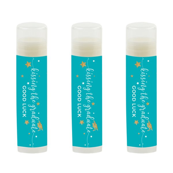 Andaz Press Aqua Turquoise and Gold Glittering Graduation Party Collection, Lip Balm Favors Kissing the Graduate Good Luck!, 12-Pack
