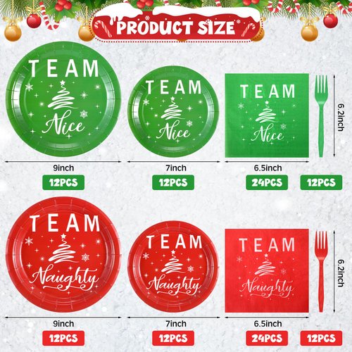Patelai 120 Pcs Christmas Party Supplies Paper Plates and Napkins Disposable Dinnerware Set 48 Team Naughty and Team Nice Plates 48 Napkins 24 Plastic Forks for Christmas Xmas Birthday Party