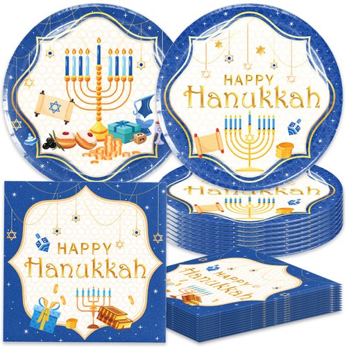48Pcs Hanukkah Party Supplies Include 24 Plates and 24 Napkins for Chanukah Table Decorations