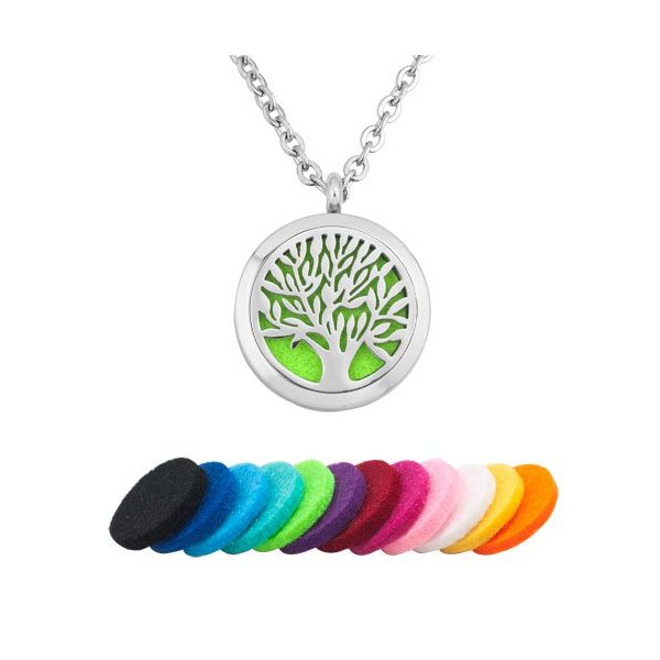 PanQueen Tree of Life Essential Oil Diffuser Aromatherapy Locket Necklace Pendant Refill Pads Stainless Steel Valentines Gift