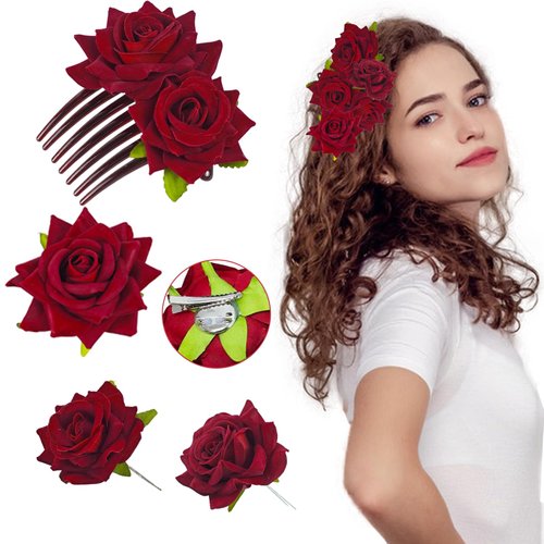 4 Pcs Red Rose Hair Clip Rose Brooch Elegant Floral Clips Bridal Wedding Accessories for Women Gi...
