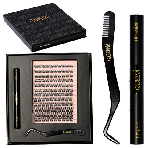 Gabeena Cluster Eyelash Extensions - 8mm to 14mm Lash Clusters with Glue & Eyelash Applicator Tool Comes in a Box, Fake Trimmable Individual Lashes Kit, DIY Lash Extension Kit