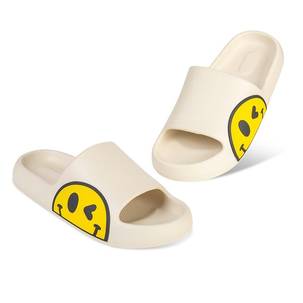 Uonesone Womens Slides,Pillow Slippers Sandals for Men,Unisex Non slip Quick Dry Shower Shoes Indoor Outdoor Open Toe Spa Bath Pool Gym House Smile Face Slippers(White 37/38)