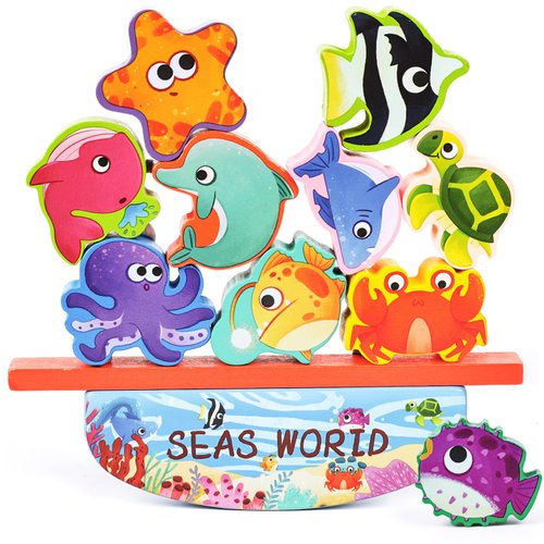 3 otters 10PCS Wooden Stacking Toys, Marine Animal Stacking Building Blocks Montessori Toy for Toddlers Kids