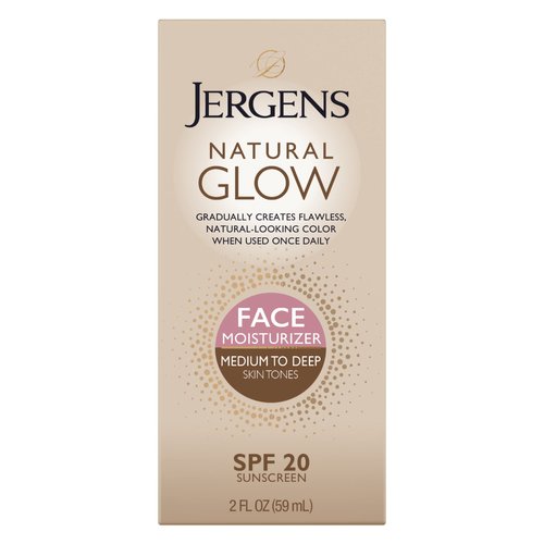 Jergens Natural Glow Self Tanner Face Moisturizer, SPF 20 Facial Sunscreen, Medium to Deep Skin Tone, Sunless Tanning, Oil Free, Broad Spectrum Protection UVA and UVB, 2 oz (Packaging May Vary)