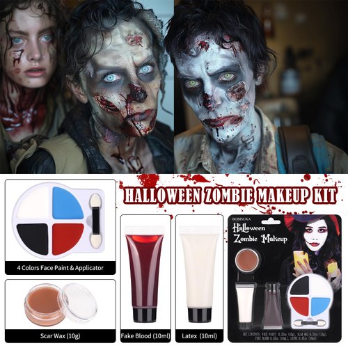 BOBISUKA Halloween Zombie Makeup Kit with 4 Colors Face Body Paint & Applicator, Fake Blood, Liquid Latex and Scar Wax SFX Makeup Set for Vampires Wounds Clown Cosplay Special Effects Makeup