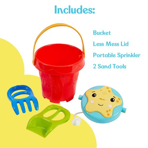 Fisher-Price Toddler 3-in-1 Beach Bucket, Portable Sprinkler and Sandcastle Mold | Water Toy and Sand Toys for Ages 18+ Months | Includes Sand Tools