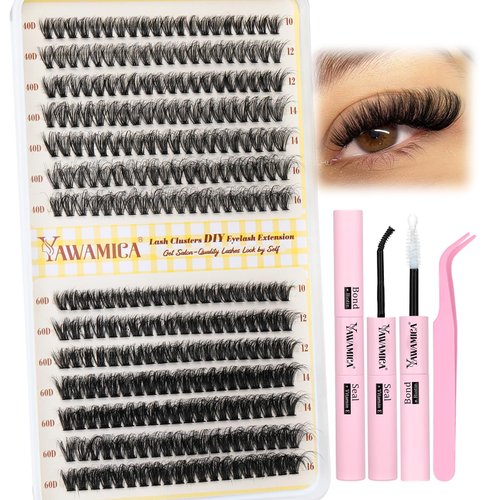 Yawamica Lash Extension Kit Wispy Individual Lashes Clusters Fluffy Eyelash Extension Kit 40D 60D Mix 10-16mm Cluster Lashes D Curl Eyelash Clusters with Lash Cluster Glue Lash Tweezers DIY Lash Kit
