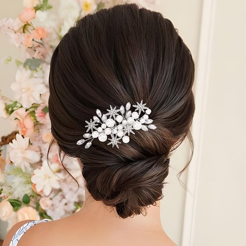 YBSHIN Bride Wedding Pearl Hair Comb Sliver Rhinestone Star Hair Pieces Crystal Bridal Hair Accessories for Women