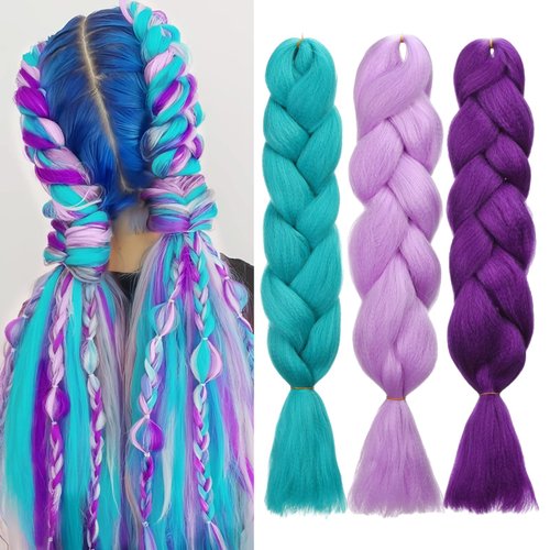 HAIRCUBE Mixed Ombre Braiding Hair 24 Inch 3 Packs Pre Stretched Box Braids Colorful Twist Braidi...