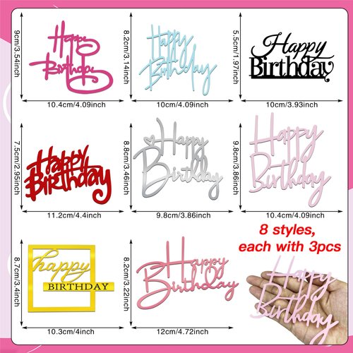 24 PCS Happy Birthday Cake Toppers Mirror Acrylic Cake Topper Side Cake Decorations in 8 Colors Black Silver Gold Rose Gold Pink Rose Red Blue Red Ideal Birthday Party Supplies 8 Styles
