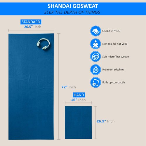 Shandali Hot Yoga GoSweat Microfiber Hand Towel in Super Absorbent Premium Evening Blue Suede for Bikram, Pilates, Gym, and Outdoor Sports. 16 x 26.5 inches.