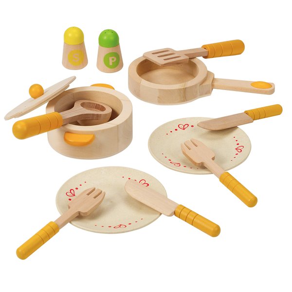 Hape Gourmet Play Kitchen Starter Accessories Wooden Play Set| 13 PCs Pretend Cookware Plates Dishes Play Kitchen Sets for Kids