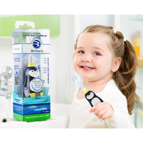 Brilliant Kids Sonic Toothbrush Characters – Kids Electric Toothbrush with Flashing Lights and Fine Bristles - Fun Brushing for Parent and Child, Ages 3-8 (Penguin)