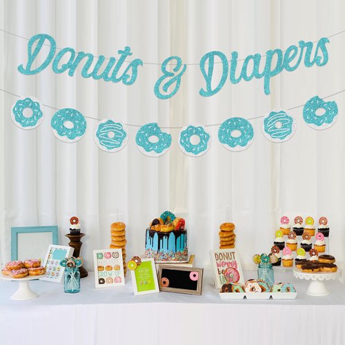 Sursurprise Donuts Baby Shower Decorations, Donuts & Diapers Banner Garland Teal for Boys and Girls Baby Sprinkle Decorations Party Supplies