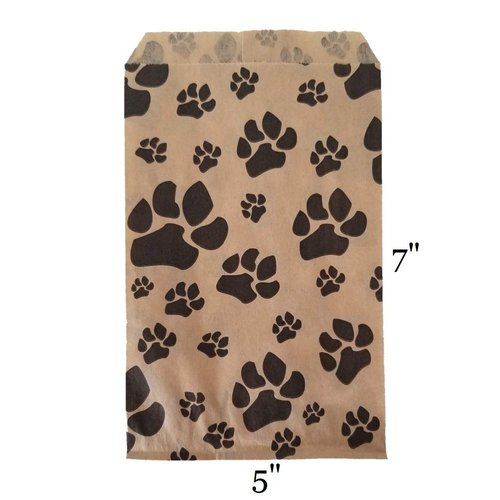 N'ice Packaging 100 Bags Flat Plain Paper or Patterned Bags for candy, cookies, merchandise, pens, Party favors, Gift bags (5" x 7", Paw Print)