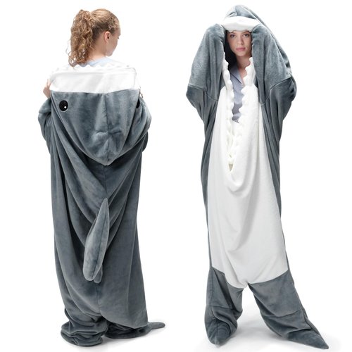 Touchat Shark Blanket for Adult Super Soft Cozy Flannel Throw Wearable Blanket, Cartoon Animals Shark Blanket Hoodie, Sleeping Bag Cosplay Shark Costume Blanket Gifts for Shark Lovers (Grey, M)