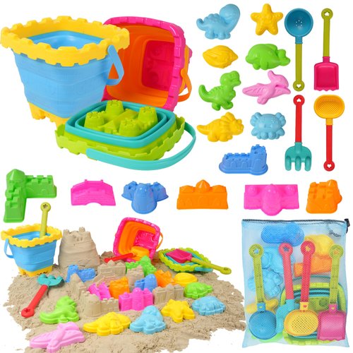 Sand Toys for Kids Toddlers Boys Girls, Beach Toys with Collapsible Sand Buckets and Shovels Set, Sand Castle Kit, Dinosaurs and Ocean Sand Molds, Mesh Bag, Sandbox Toys for Kids Ages 3-12