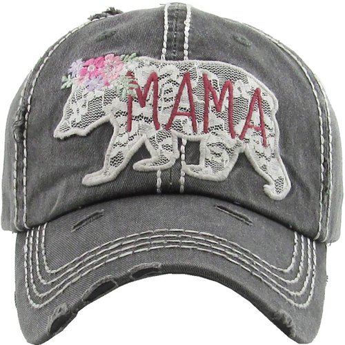Funky Junque Distressed Baseball Cap Vintage Dad Hat - Mama Bear Lace (Black)
