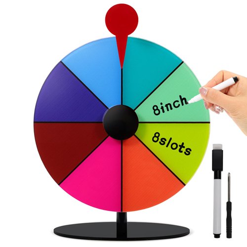 RGQSUN 8Inch Spinning Prize Wheel with Stand and Dry Erase Marker,8Slots Roulette Spinner for Games,Engaging Home Parties,Trade Show,Carnival Events