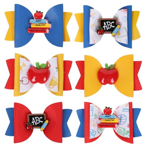 Whaline 6Pcs Bow Hair Clips: Apple, Blackboard Barrettes in Colorful Pu Leather for First Day of School, Classroom Girls, Students, Kindergarten