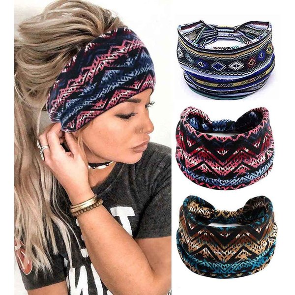 YBSHIN Boho Wide Headbands Non Slip Hair Bands Knoted Turban Head Wraps Yoga Workout Sweatbands Stretch Running Sport Head Bands for Women and Girls 3Pcs (A-A)