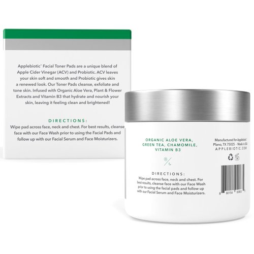 Applebiotic Toner Pads for Face - Exfoliating Face Wipes, for All Skin Types - Apple Cider Vinegar, Green Tea, 60 Pads