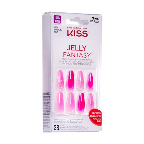 KISS Jelly Fantasy On-Trend Translucent Sculpted Nails, Long, Coffin, “Jelly Baby”, Durable, Easy To Apply, Includes Pink Gel Nail Glue, Mini Nail File, Manicure Stick & 28 Fake Nails