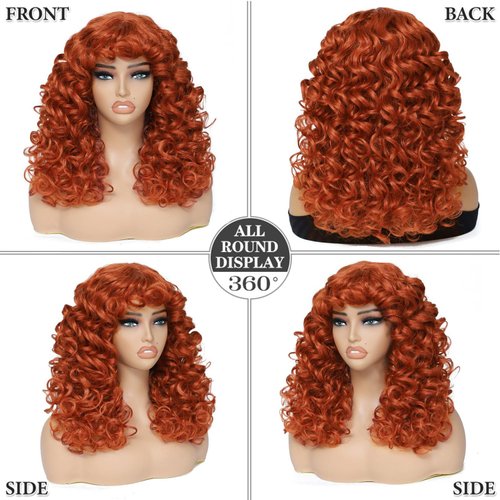 GKtineke-Curly-Wig Big-Curly-Wigs-for-White-Black-Women 20 Inch- Long-Curly-Afro-Wig-with-Bangs Synthetic-Hair-Replacement-Wigs-for- Cosplay and Daily(Ginger，Copper