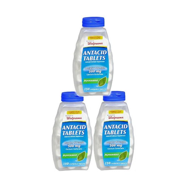 Walgreens Regular Strength Antacid/Calcium Supplement Chewable Tablets, Peppermint, 500 mg, 150 Tablets (Pack of 3 Bottles)
