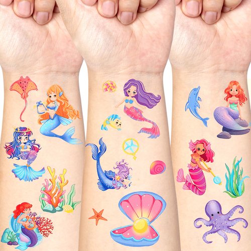 34 Sheets Mermaid Temporary Tattoos for Kids Girls, 102Pcs Mermaid Tattoo Stickers for Birthday Party Decorations Favors Supplies, Waterproof Mermaid Fake Tattoos, Ocean Themed Tattoo Stickers