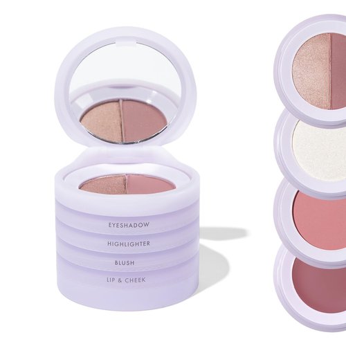 4-in-1 Travel Makeup Kit by Subtl Beauty | Highlighter, Blush, Eyeshadow Duo, Lip & Cheek Tint | Free Mirror & Brush | Stackable for Travel