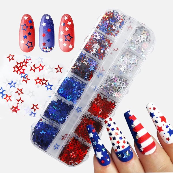 4th of July Star Glitter Independence Day Nail Sequins for Nail Art Decorations, 12 Grids Holographic Red Blue Silver Mixed Star and Hollow Star Shaped Nail Decals for DIY Nail Eye Face Body Decor
