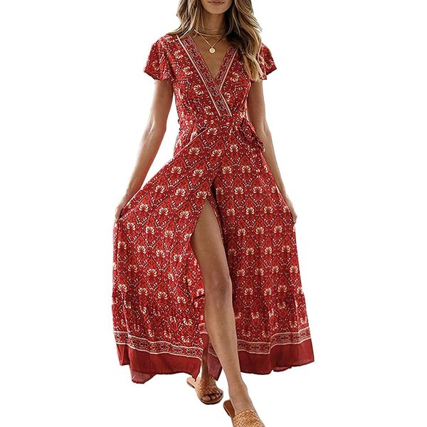 ZESICA Women's 2024 Bohemian Floral Printed Wrap V Neck Short Sleeve Split Beach Party Maxi Dress,Lychee Red,Medium