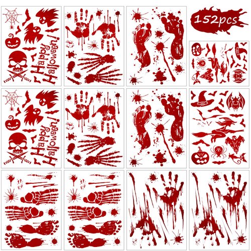 152 Pcs Halloween Bloody Stickers Horror Footprints Window Floor Decal Stickers Splats Wall Stick...