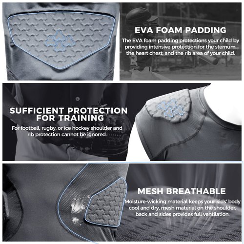 COOLOMG Youth Padded Compression Shirt Football Rugby Rib Chest Protector Heart Sternum Shoulder Guard White M