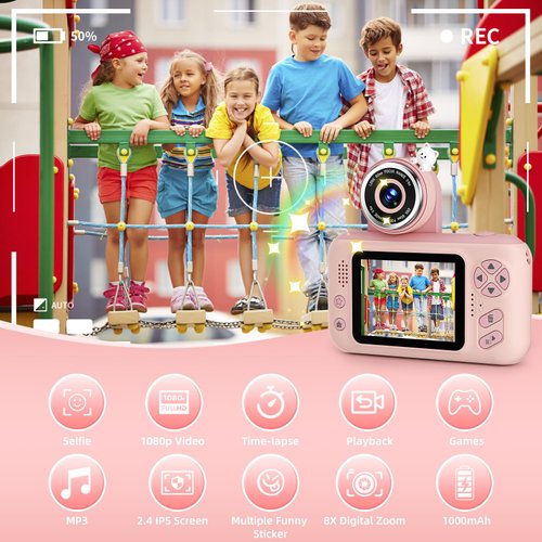 Kids Camera, Christmas Birthday Gifts for Boys and Girls Age 3-8,Video Cameras for Kids 8-12,Childrens Digital Camera for vlogging Portable Kids Selfie Camera with 32GB SD Card Pink