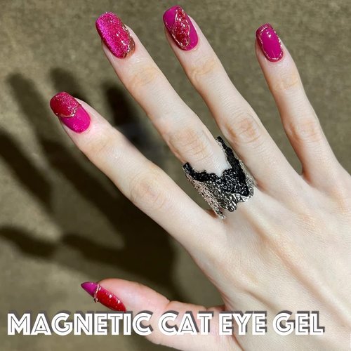 AHAMIOU Crystal Cat Eye Gel Polish Kits Magnetic Nail Polish Set Holographic Cats Shiny Diamond Glitter Gel with Magnet Stick (Dark Pink)
