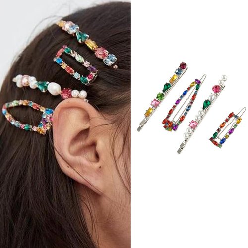 Pack 4 Rainbow Color Rhinestone Hair Clips Vintage Style Women Girls Hair Accessories, Silver