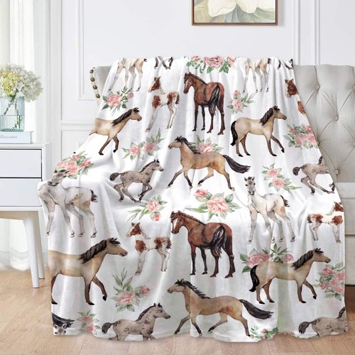 Horse Rose Blanket for Boys Girls, Flowers Kids Throw Blanket Gift for Child, Fluffy Cozy Soft Lightweight Blankets for Bed Office, 40x50 Inches