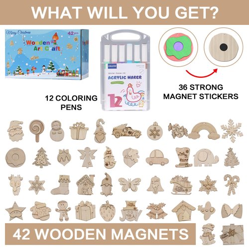 JIALEIXI Wooden DIY Christmas Ornaments, 42PCS Christmas Tree Decorations, Wooden Art Magnets Crafts Painting Kit Hanging Decorations for Home Party Holiday Indoor