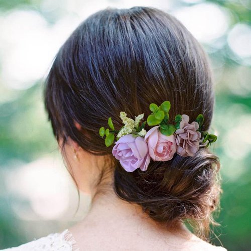 Fangsen Silver Boho Pink Purple Rose Hydrangea Floral Hair Piece Wedding Flower Hair Comb Bridal Floral Hair Headpiece Barrette Prom Girl Festival
