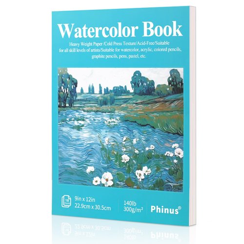 Phinus 18 Sheets Watercolor Paper 9x12 Inch, Cold Press Watercolor Sketchbook (140lb/300gsm), Tape Bound Watercolor Paper Pad for Adults Kids, Mixed Media, Markers and Art Journaling